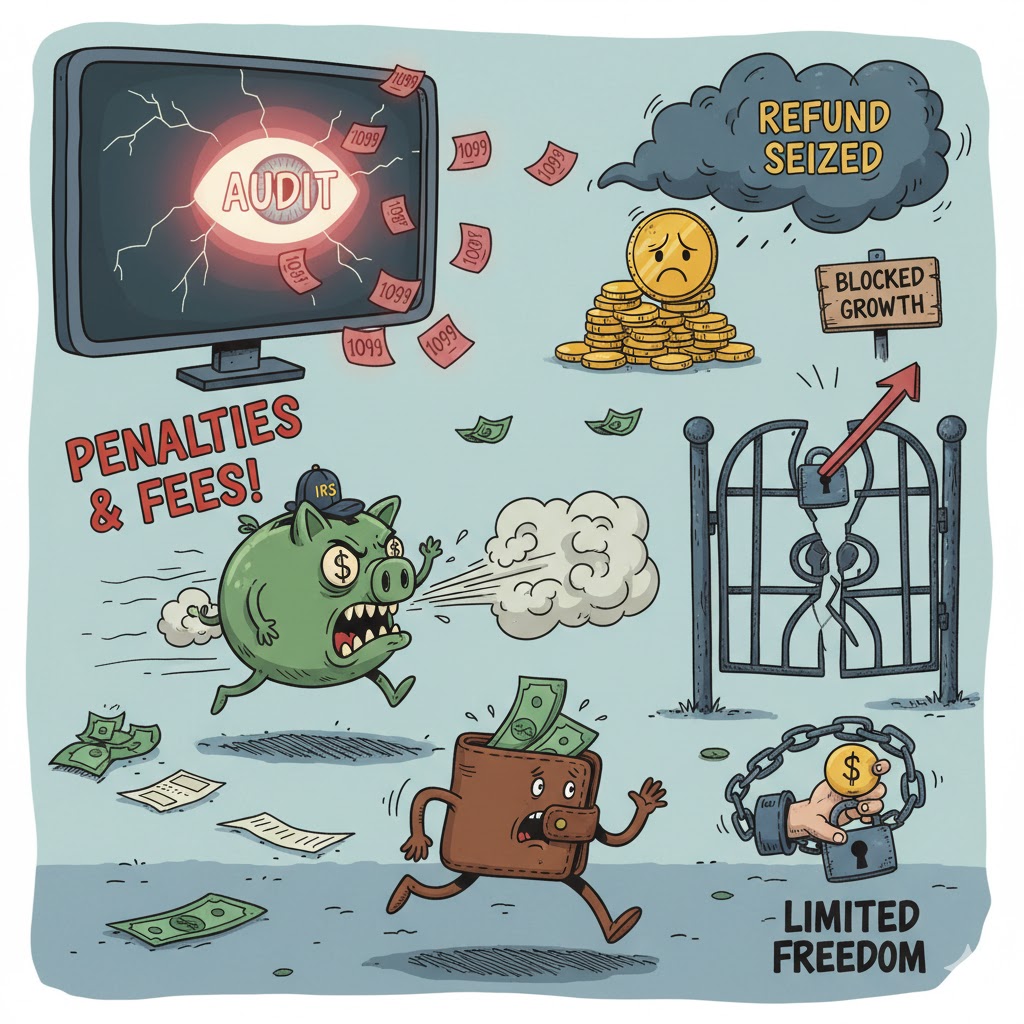 Cartoon illustration depicting negative consequences of ignoring taxes: an angry IRS piggy bank chasing a scared wallet, a monitor showing an 'AUDIT' eye, seized refunds, blocked growth, and limited financial freedom due to penalties and fees Cartoon illustration depicting negative consequences of ignoring taxes: an angry IRS piggy bank chasing a scared wallet, a monitor showing an 'AUDIT' eye, seized refunds, blocked growth, and limited financial freedom due to penalties and fees