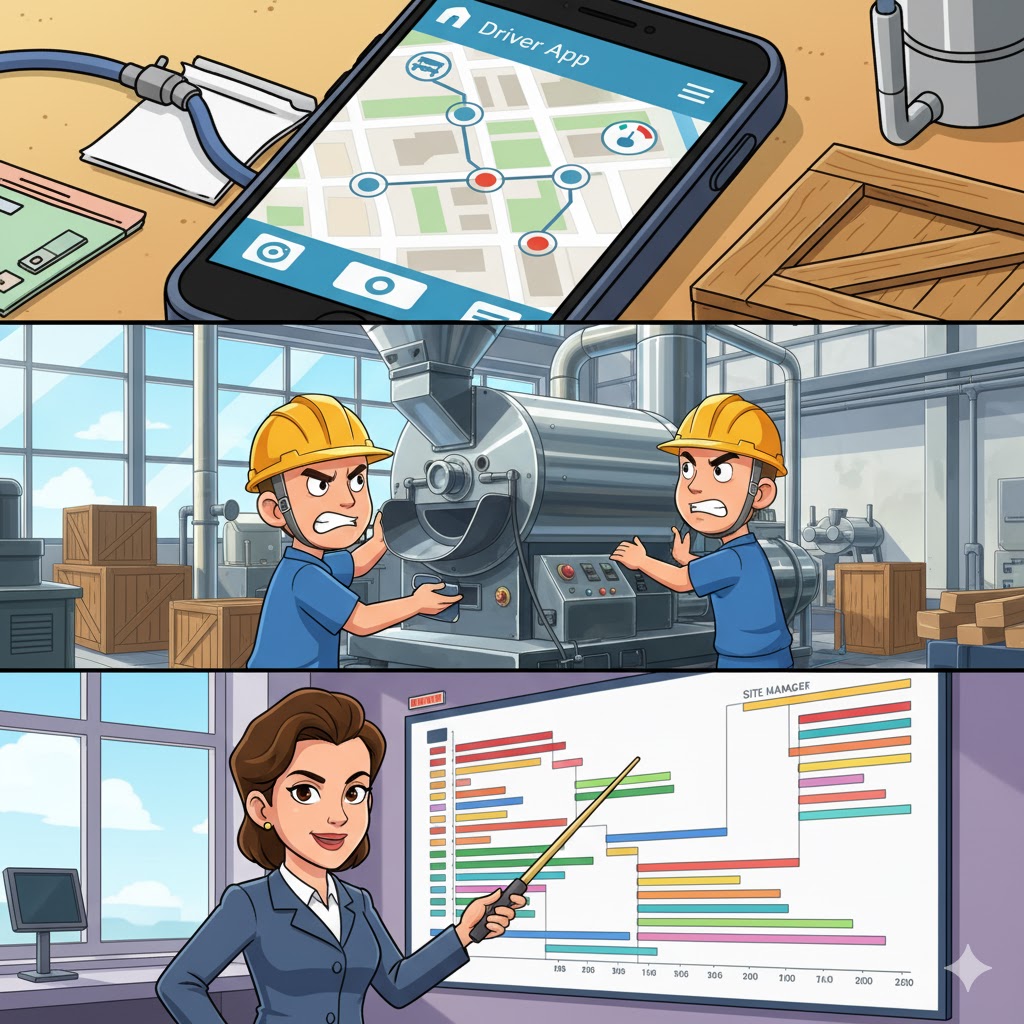 A vibrant anime-style image displaying three vignettes: a smartphone showing a driver's GPS map app, workers installing a new, shiny industrial roaster, and a site manager in a hardhat pointing decisively at a project timeline Gantt chart. A vibrant anime-style image displaying three vignettes: a smartphone showing a driver's GPS map app, workers installing a new, shiny industrial roaster, and a site manager in a hardhat pointing decisively at a project timeline Gantt chart.