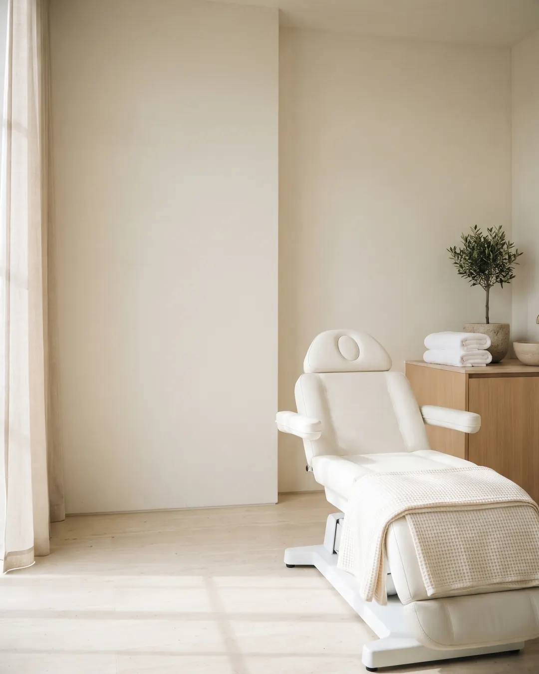 An empty treatment chair in a quiet room