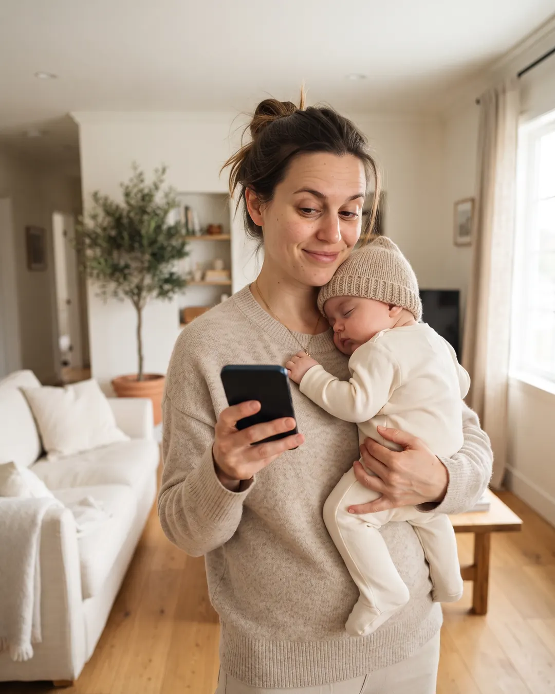 A med spa owner at home holding her baby and smiling at her phone