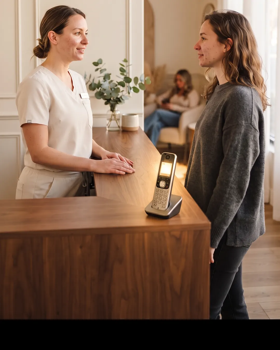 A front desk coordinator talking with a patient while the desk phone lights up