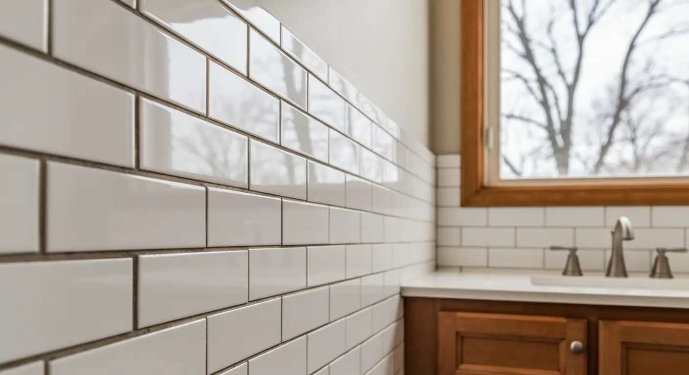 Tile backsplash behind vanity