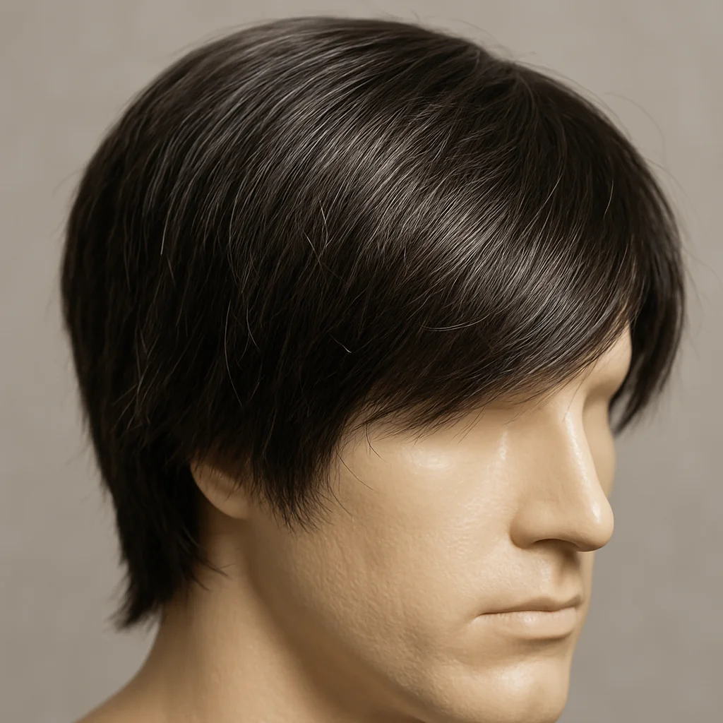 Close-up of a synthetic hair wig on a stand, with slightly shiny fibers that mimic real hair texture. Close-up of a synthetic hair wig on a stand, with slightly shiny fibers that mimic real hair texture.