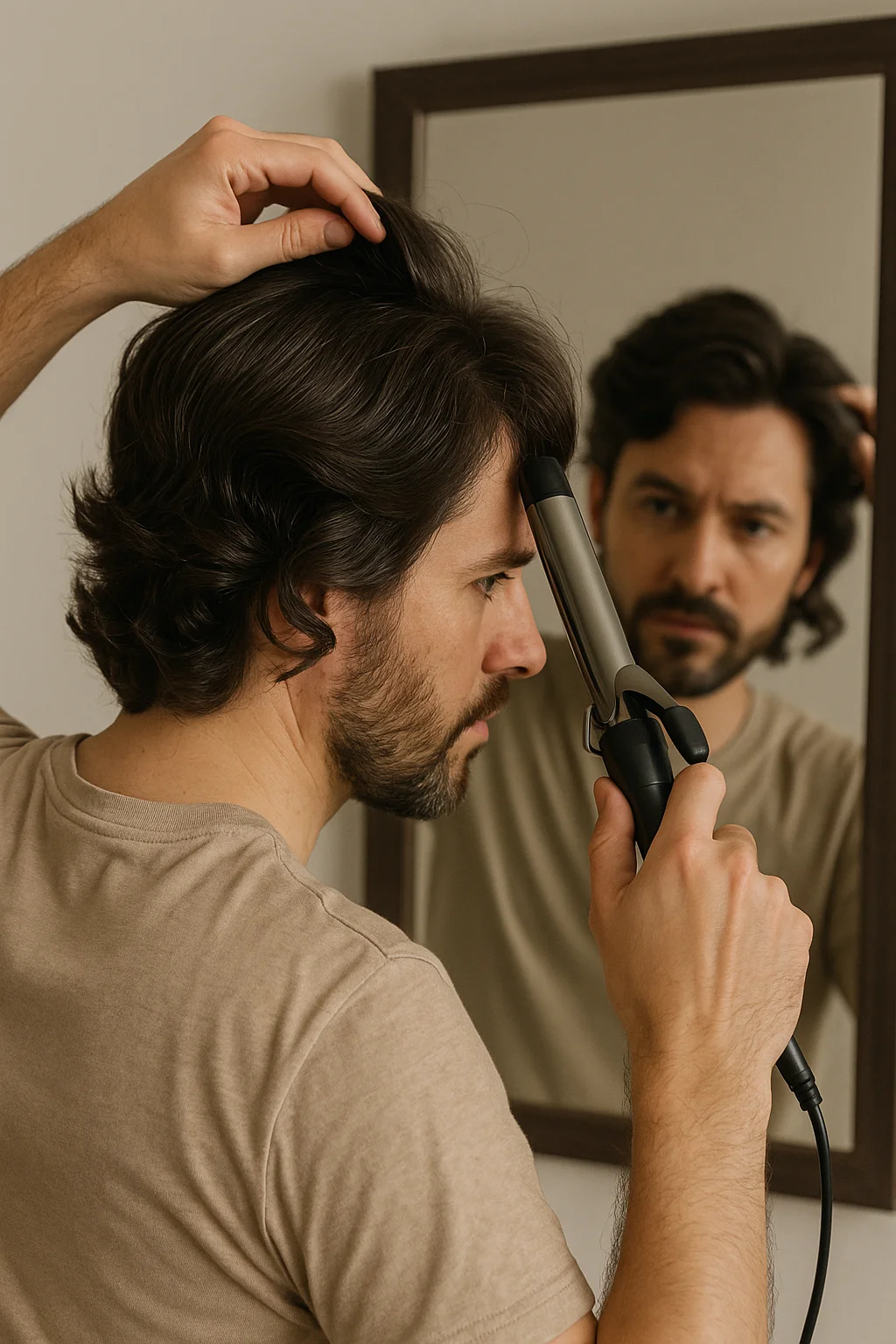 A man uses a curling iron on his long human hair wig ,showing that real hair wigs can be heat-styled like natural hair. A man uses a curling iron on his long human hair wig ,showing that real hair wigs can be heat-styled like natural hair.