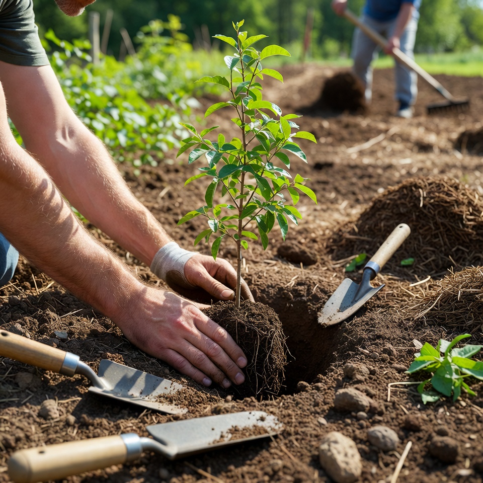Hands planting a native sapling in rich soil surrounded by gardening tools, illustrating proper planting techniques for optimal growth.