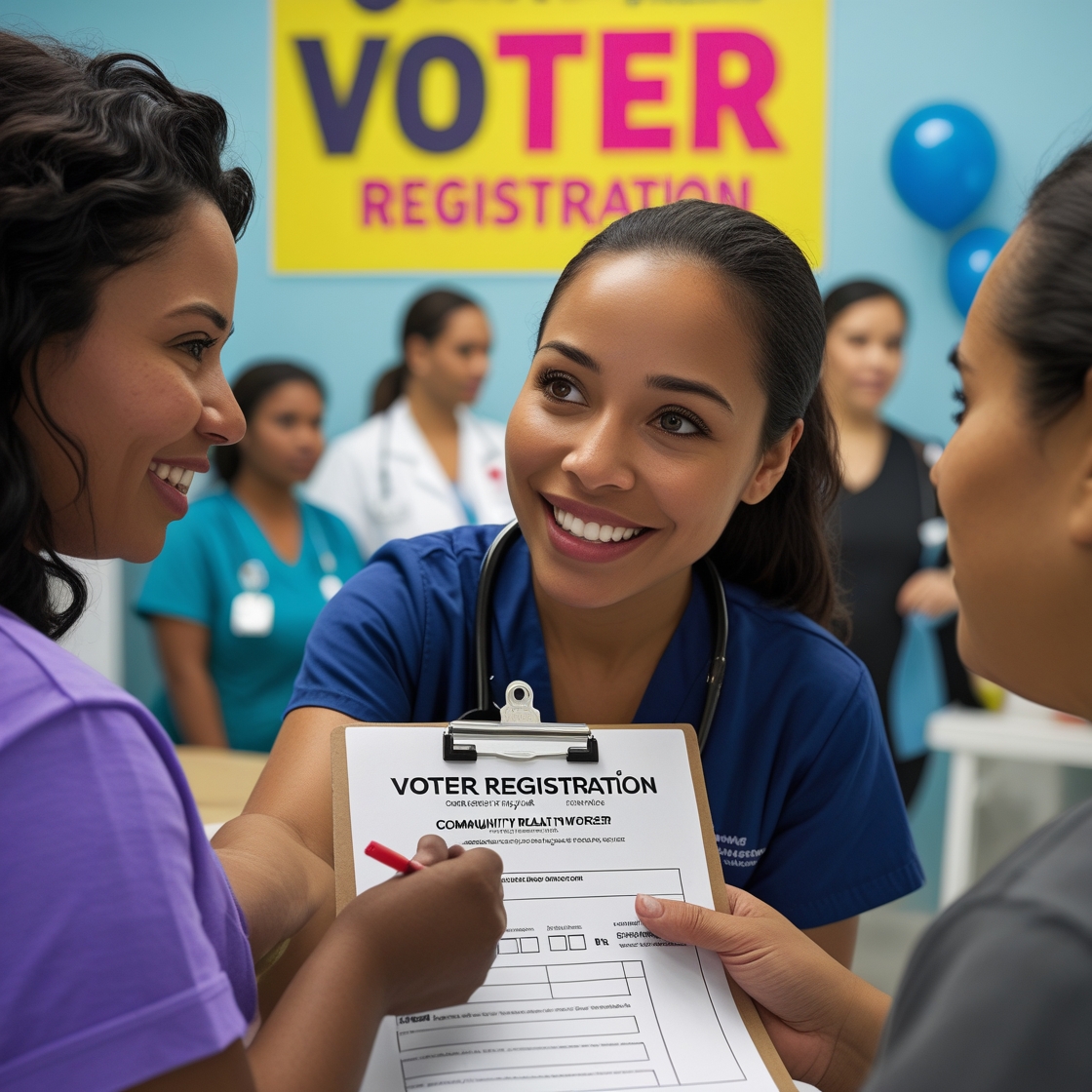 A smiling community health worker in medical scrubs holds a clipboard as a woman fills out a voter registration form. They are surrounded by other women, some also in healthcare uniforms, in a vibrant space with a bold “Voter Registration” sign in the background. The image highlights civic engagement, healthcare-community collaboration, and the role of trust in mobilizing action. 