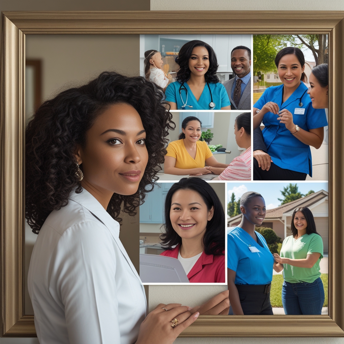 A Black woman in a white coat stands thoughtfully beside a framed collage of diverse women in healthcare and community roles. The collage features images of women providing care, engaging with families, and smiling warmly in clinical and neighborhood settings. The composition conveys pride, purpose, and the collective impact of women of color in health and community leadership.