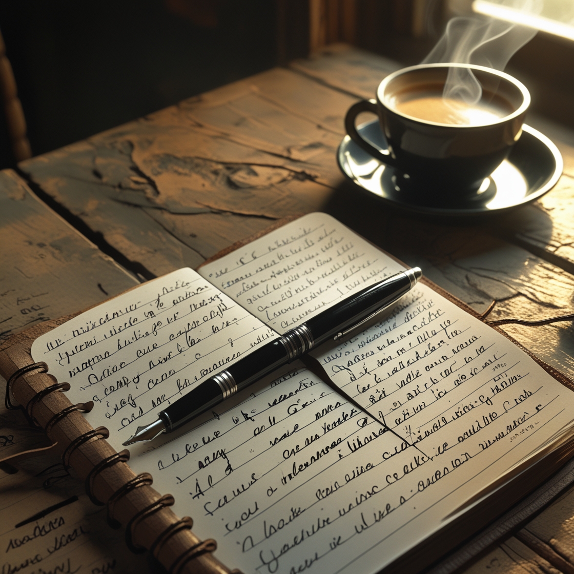 An open leather-bound notebook filled with handwritten reflections sits on a weathered wooden table beside a steaming cup of coffee. A black fountain pen rests diagonally across the pages. Soft natural light pours in from a nearby window, casting a warm, contemplative glow. The scene evokes quiet focus, creativity, and intentional storytelling.