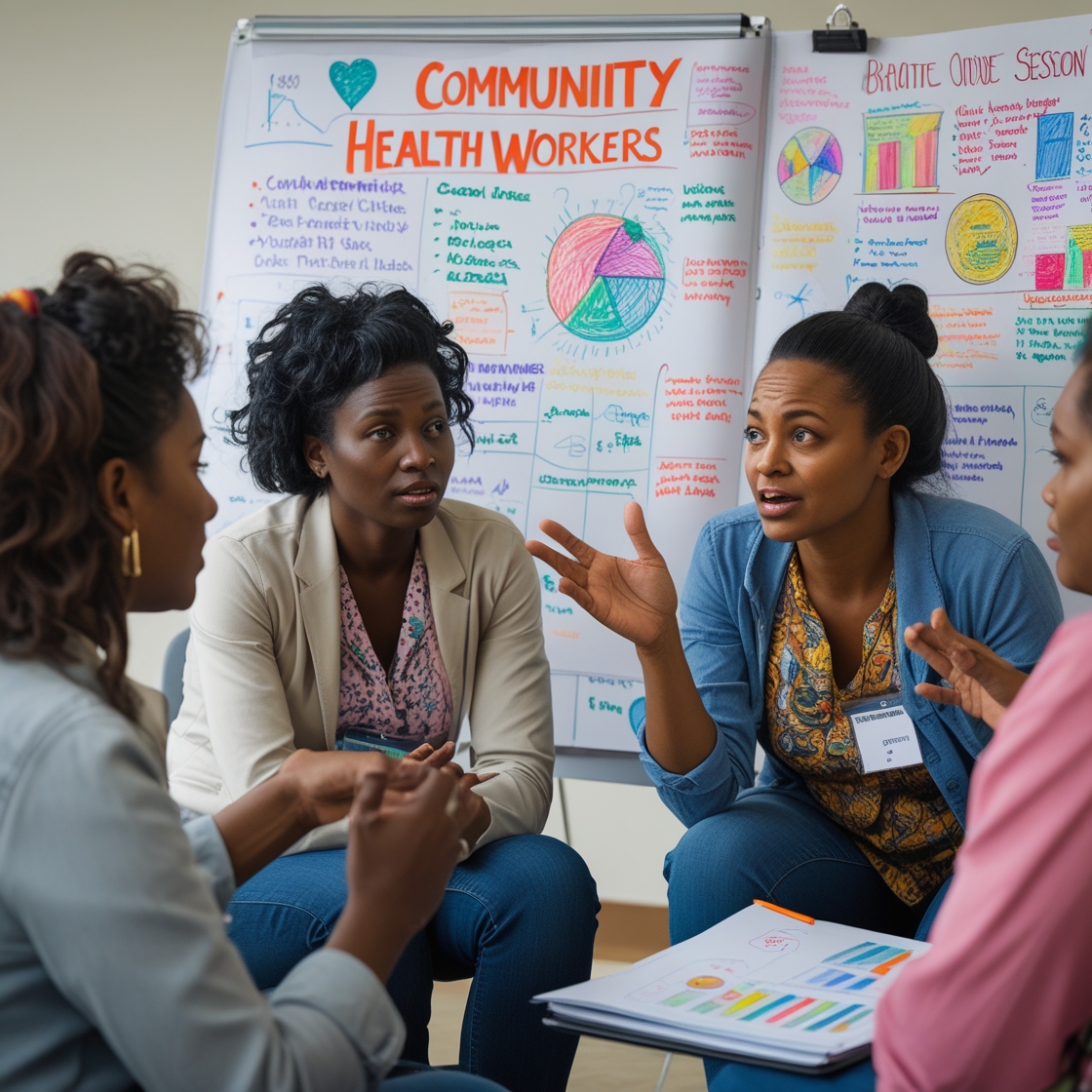 A group of four Black women engaged in a focused discussion in front of a colorful whiteboard labeled “Community Health Workers.” The board is filled with handwritten notes, charts, and diagrams related to health equity and outreach. One woman gestures expressively while holding a notebook filled with graphs. The group appears collaborative and passionate, reflecting grassroots leadership and community-based problem-solving.