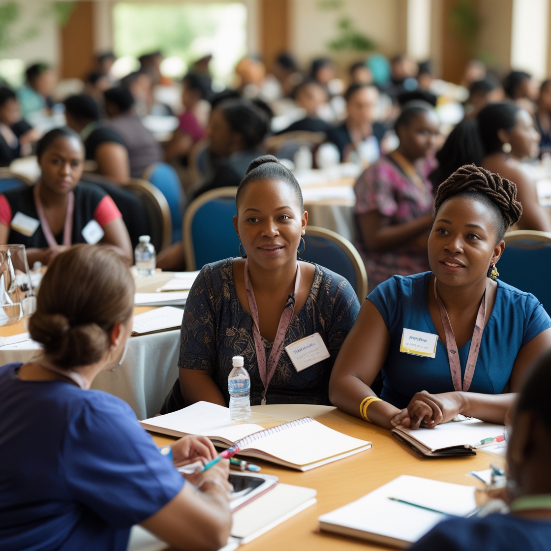 A warm, wide-angle photograph of a diverse group of people seated in a cozy, modern community space. The group includes individuals of different races, skin tones, ages, and genders, gathered in conversation or quiet reflection. Natural sunlight pours in through large windows, highlighting the relaxed, inclusive energy of the room. The setting evokes belonging, collaboration, and community care.