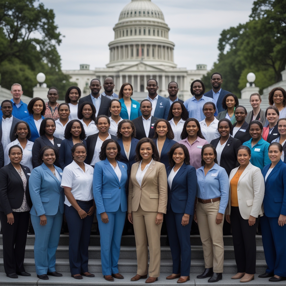 A large, diverse group of community health workers stands together on the steps of the U.S. Capitol, dressed in professional attire with name badges and advocacy pins. The individuals, primarily women of color, smile confidently as they represent health equity leadership in policy spaces. The Capitol dome rises prominently in the background, symbolizing civic engagement and collective power.