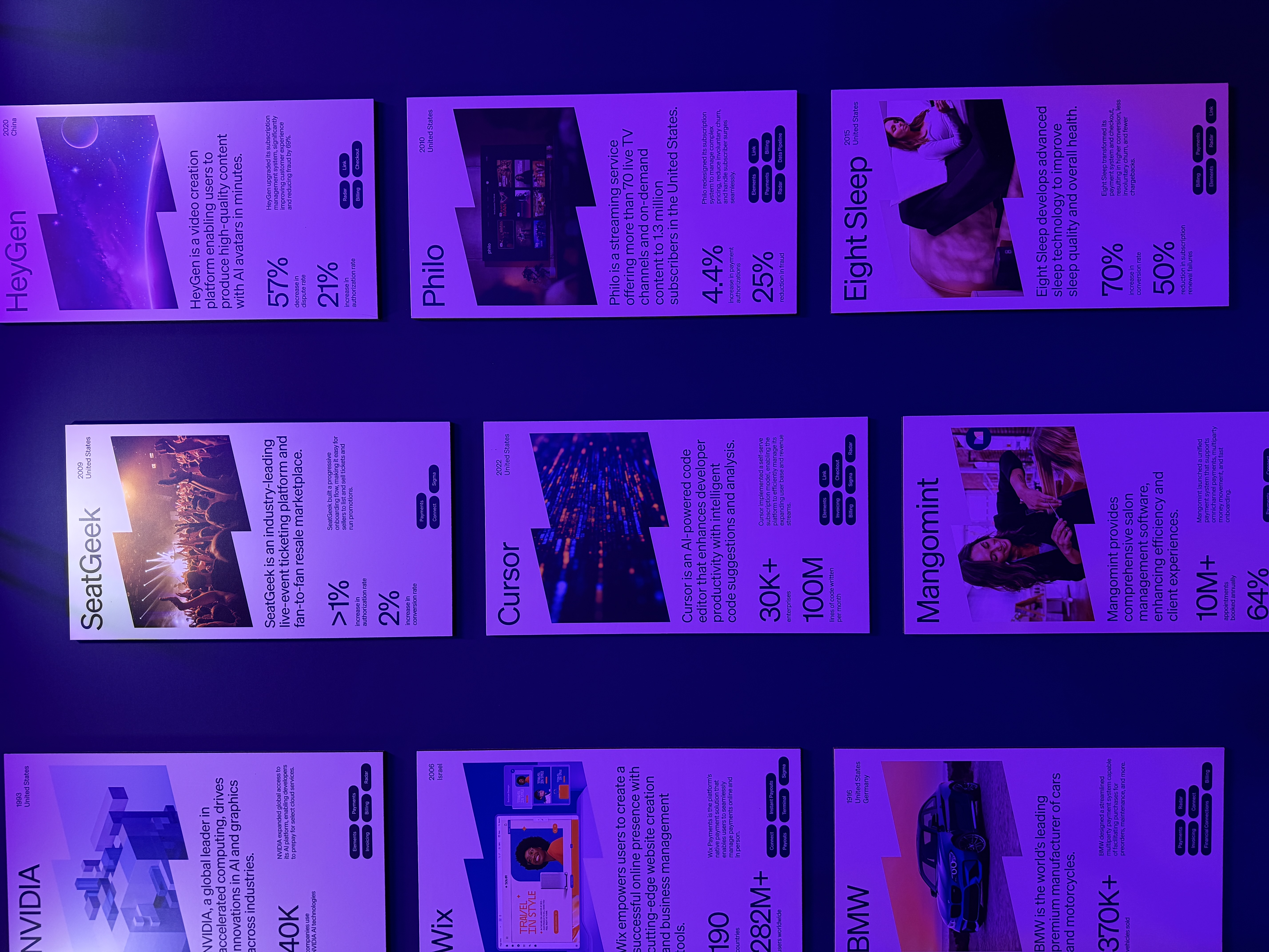 Wall display at Stripe Sessions 2025 showcasing success stories of companies built on Stripe, including SeatGeek, HeyGen, Wix, Cursor, Philo, BMW, Mangomint, and Eight Sleep, each with metrics and descriptions under purple lighting.