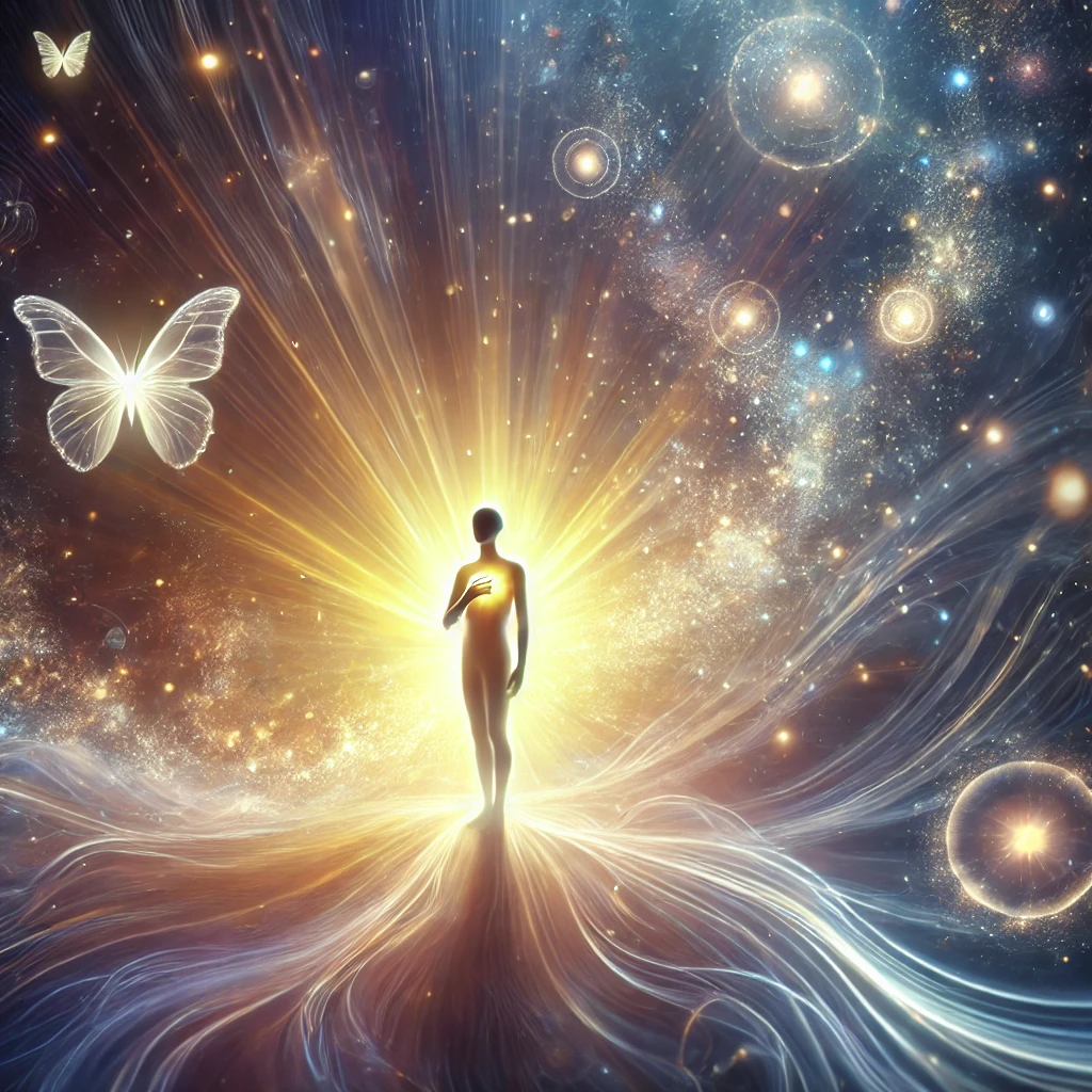 A serene figure stands enveloped in radiant light, hand over heart, dissolving surrounding darkness. Symbols of transformation, like butterflies and glowing orbs, emerge as the light spreads, embodying hope and empowerment.