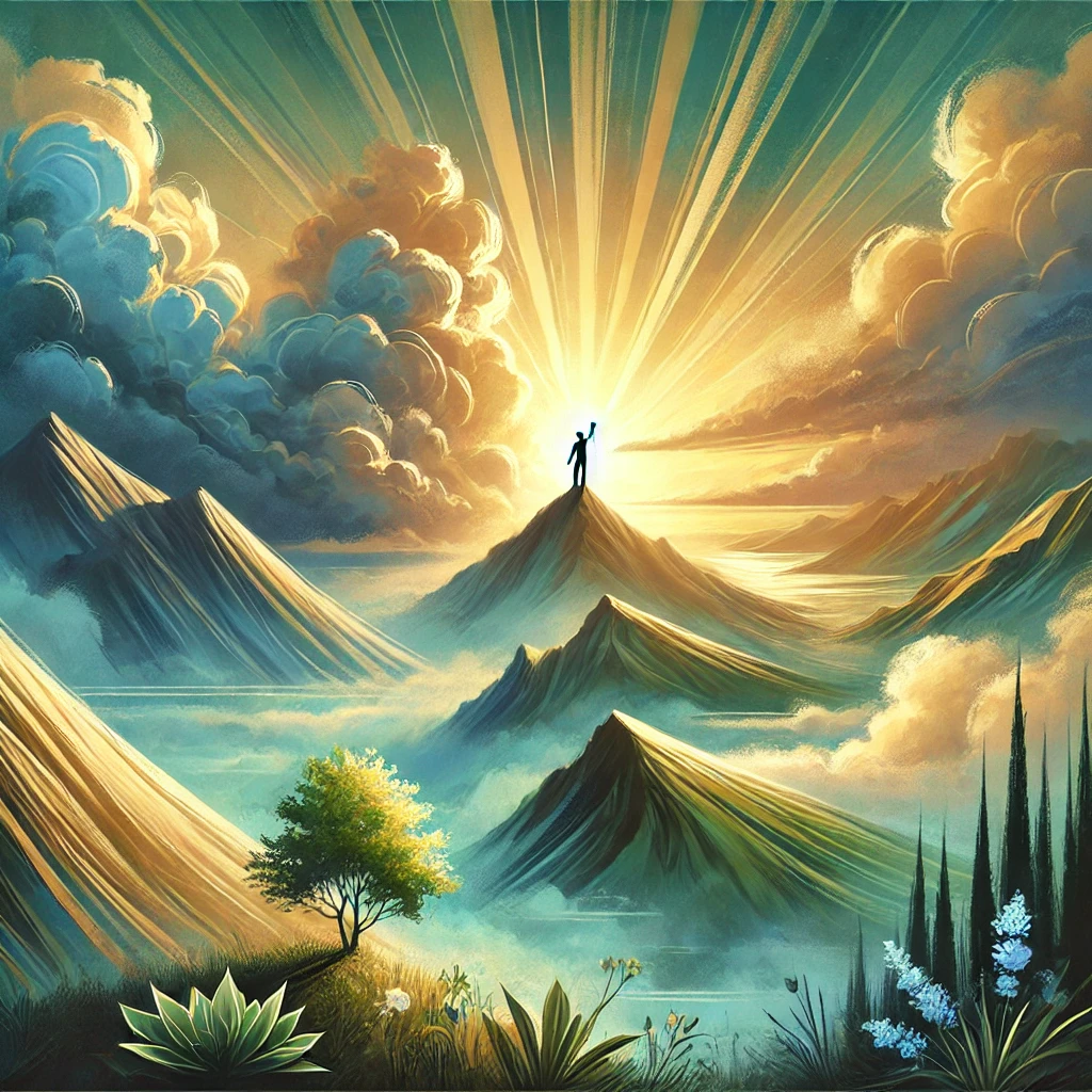 A sunrise breaking through stormy clouds over mountains, with a glowing figure on a peak symbolizing resilience.