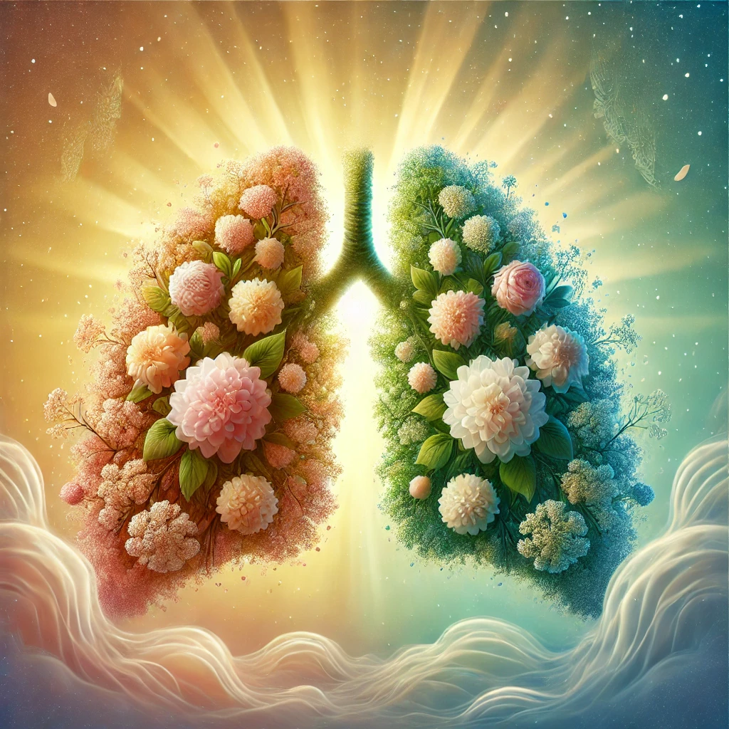 A serene illustration of blooming flower lungs, symbolizing joy and grief release, with tranquil mist.