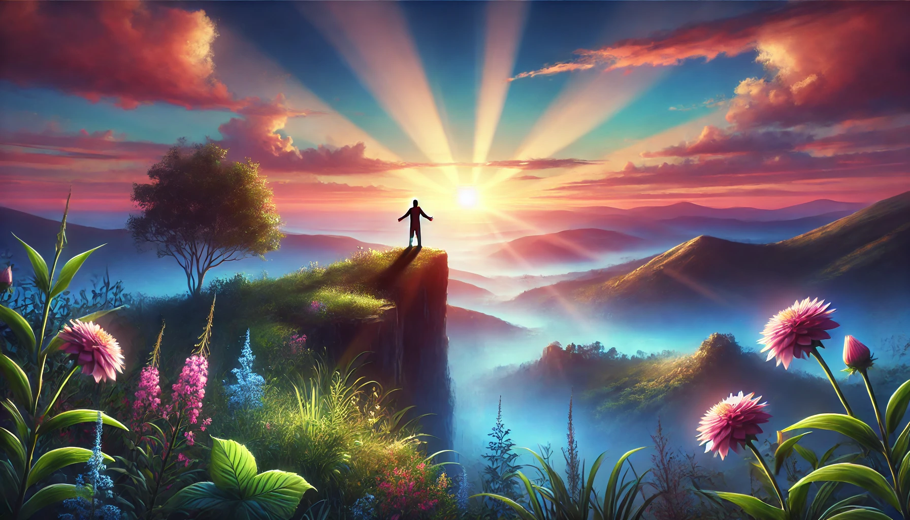An inspiring sunrise scene with a person standing on a cliff, arms outstretched, embracing growth and conviction.