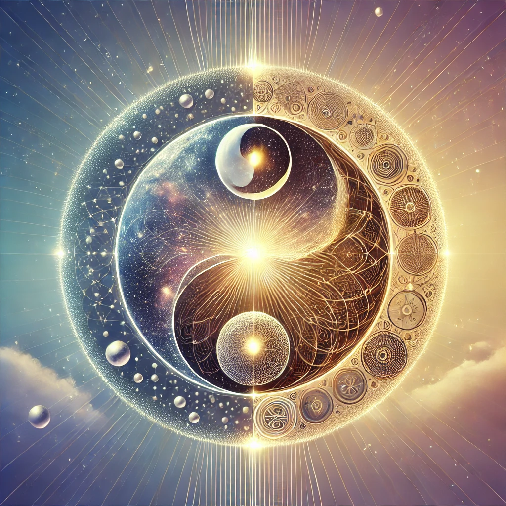 A symbolic illustration of interconnected patterns blending macro and micro perspectives in harmony.