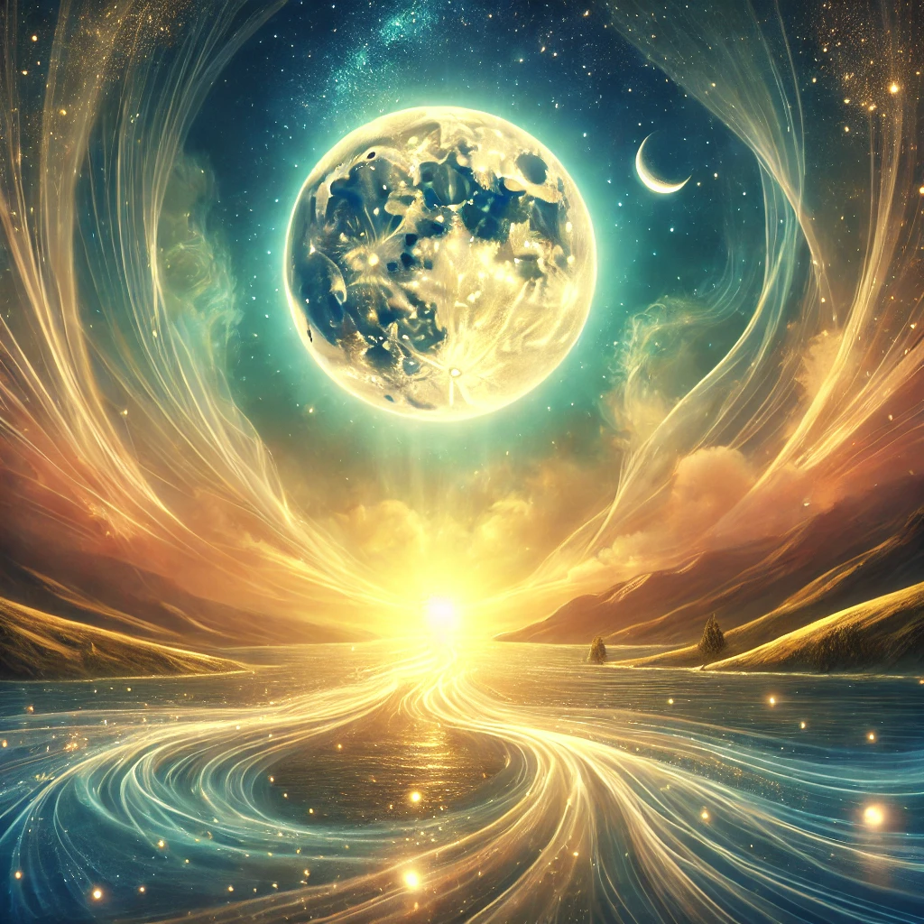 A mystical and uplifting illustration representing the journey from desire to bliss under the full moon’s energy.