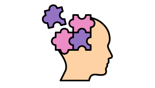 The side profile of a head with pink and purple puzzles pieces where the brain would be. 