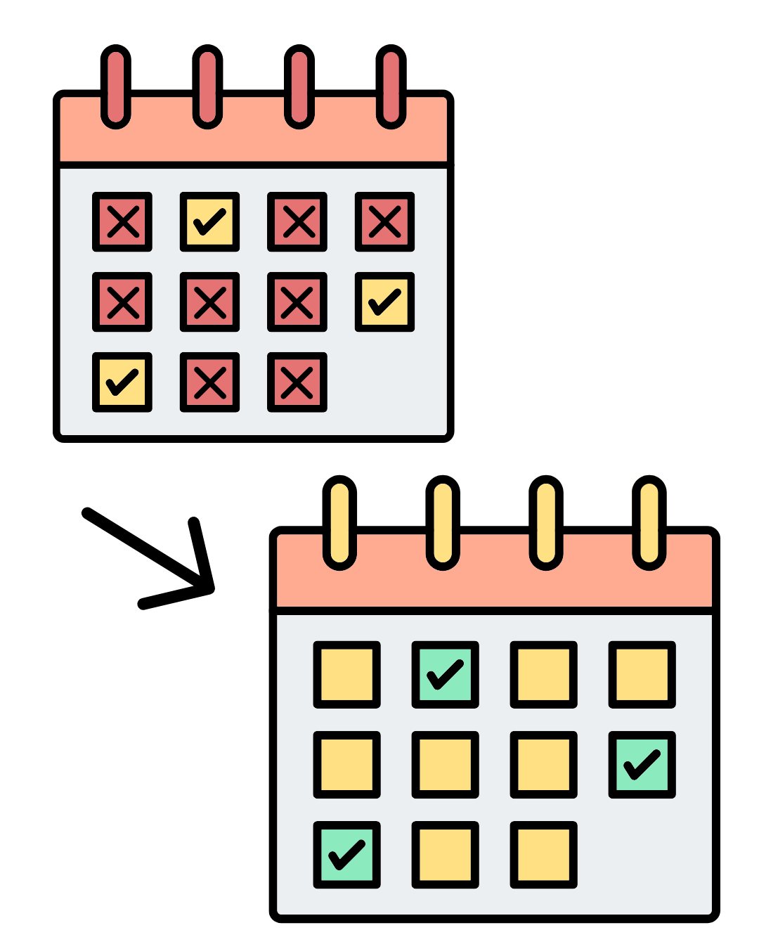 A calendar with many days red and crossed out, changes to a calendar with a few days green and checked.