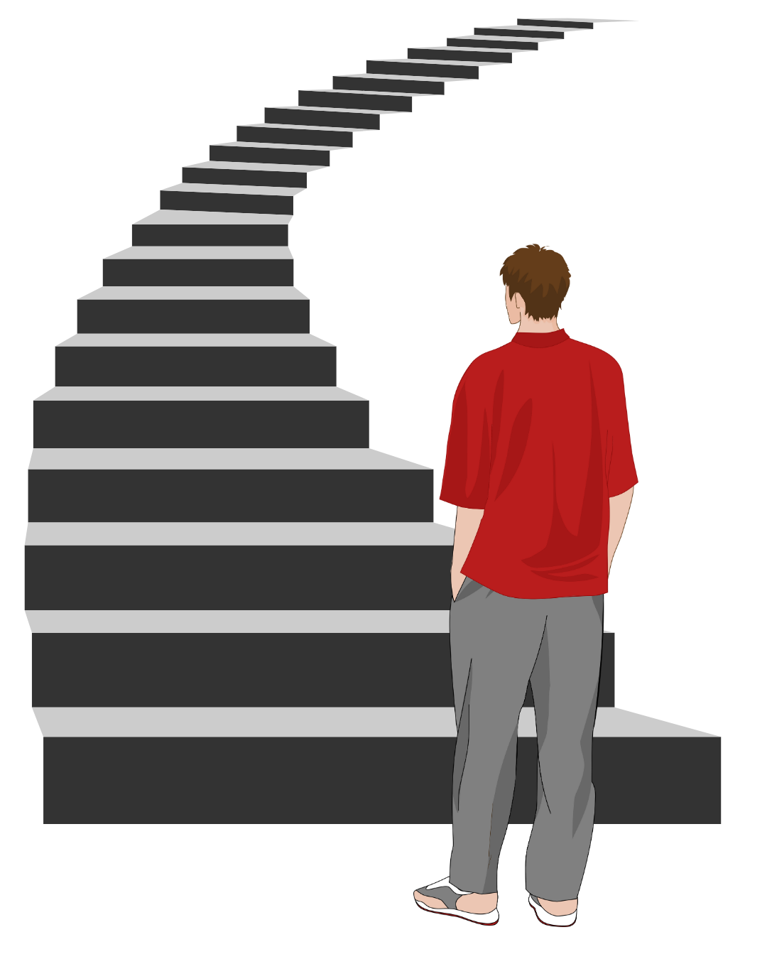 The back of a man in sweatpants and a red shirt. The man faces a large staircase ascending wiht no visible end.
