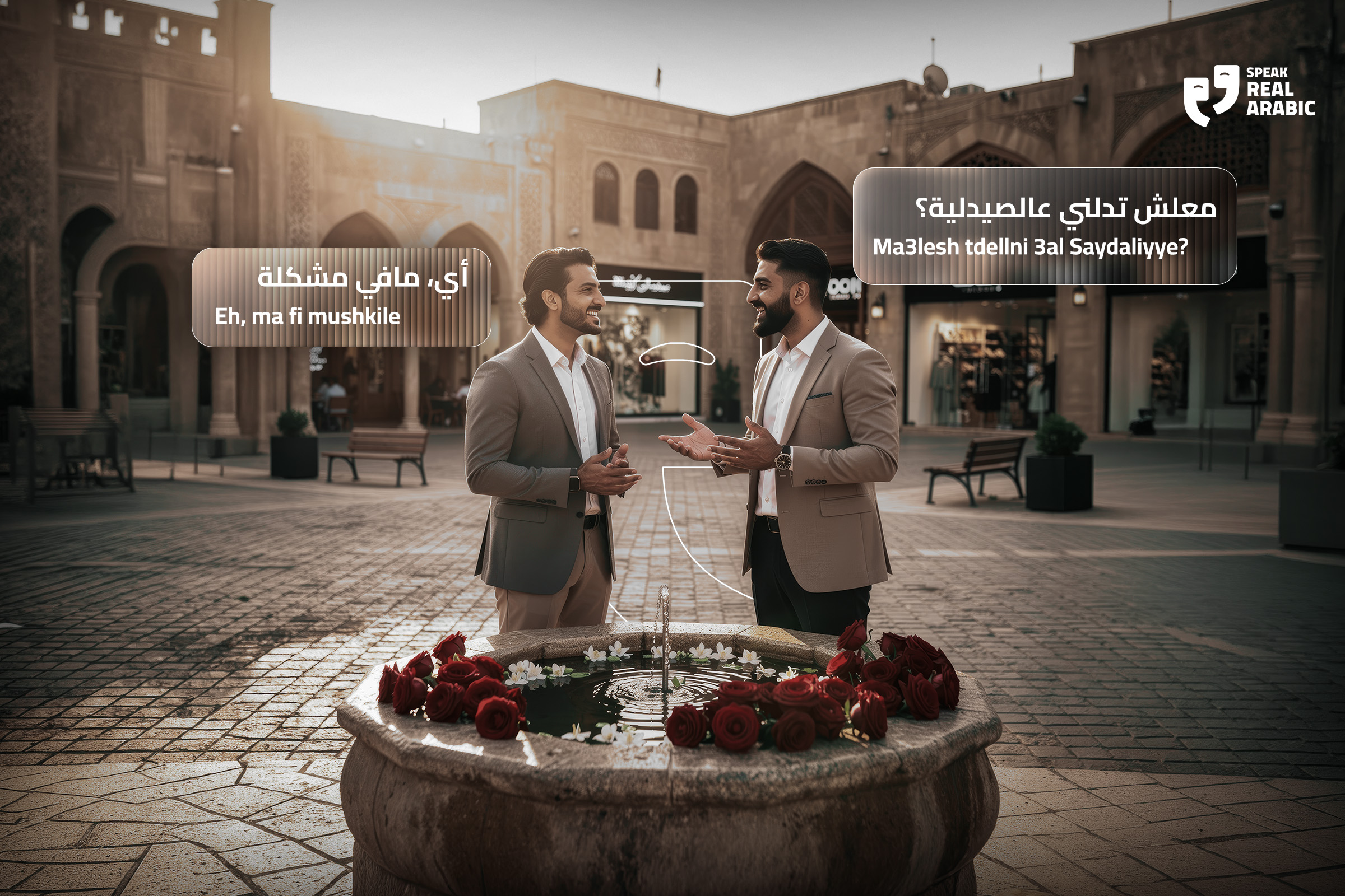Two men in business suits conversing near a fountain in an outdoor setting. One says, 'Eh, ma fi mushkile' ('Eh, no problem'), while the other asks, 'Ma3lesh tdellni 3al Saydaliye?' ('Could you direct me to the pharmacy?')."