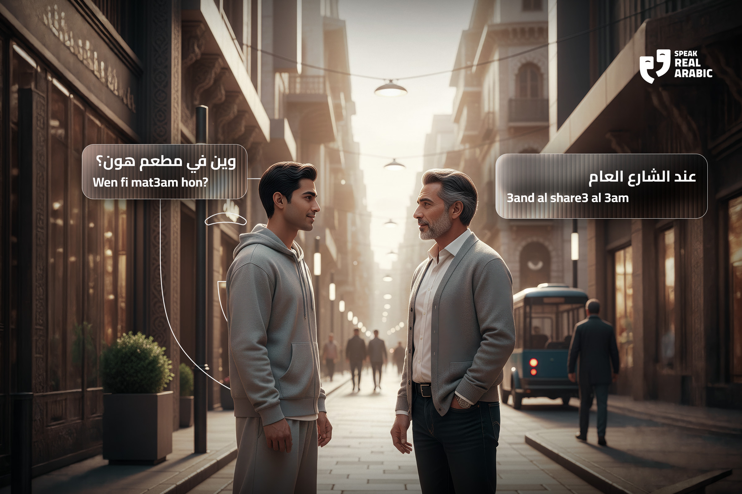 A young man and an older man talking in a street. The young man asks, ("Where is a restaurant here?") while the older man responds, ("At the main street").