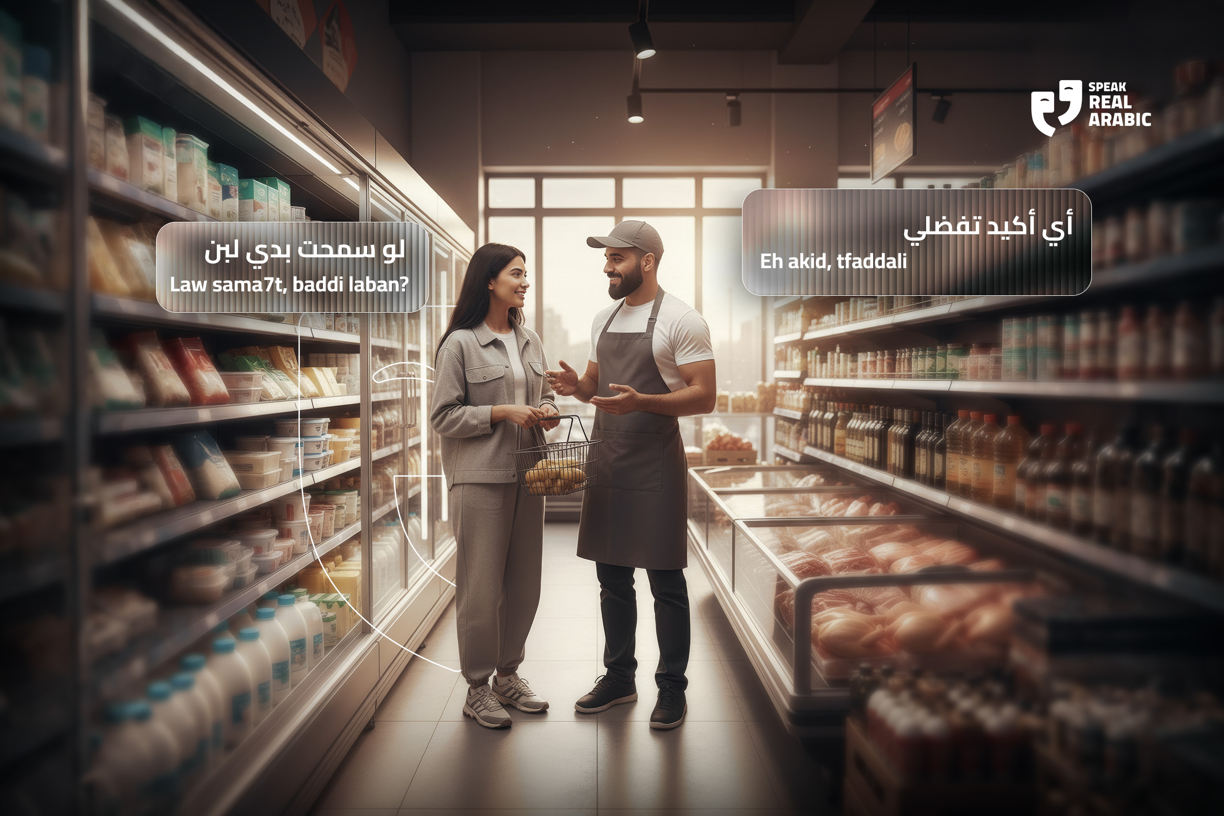 A woman and a man working at a grocery store converse in an aisle