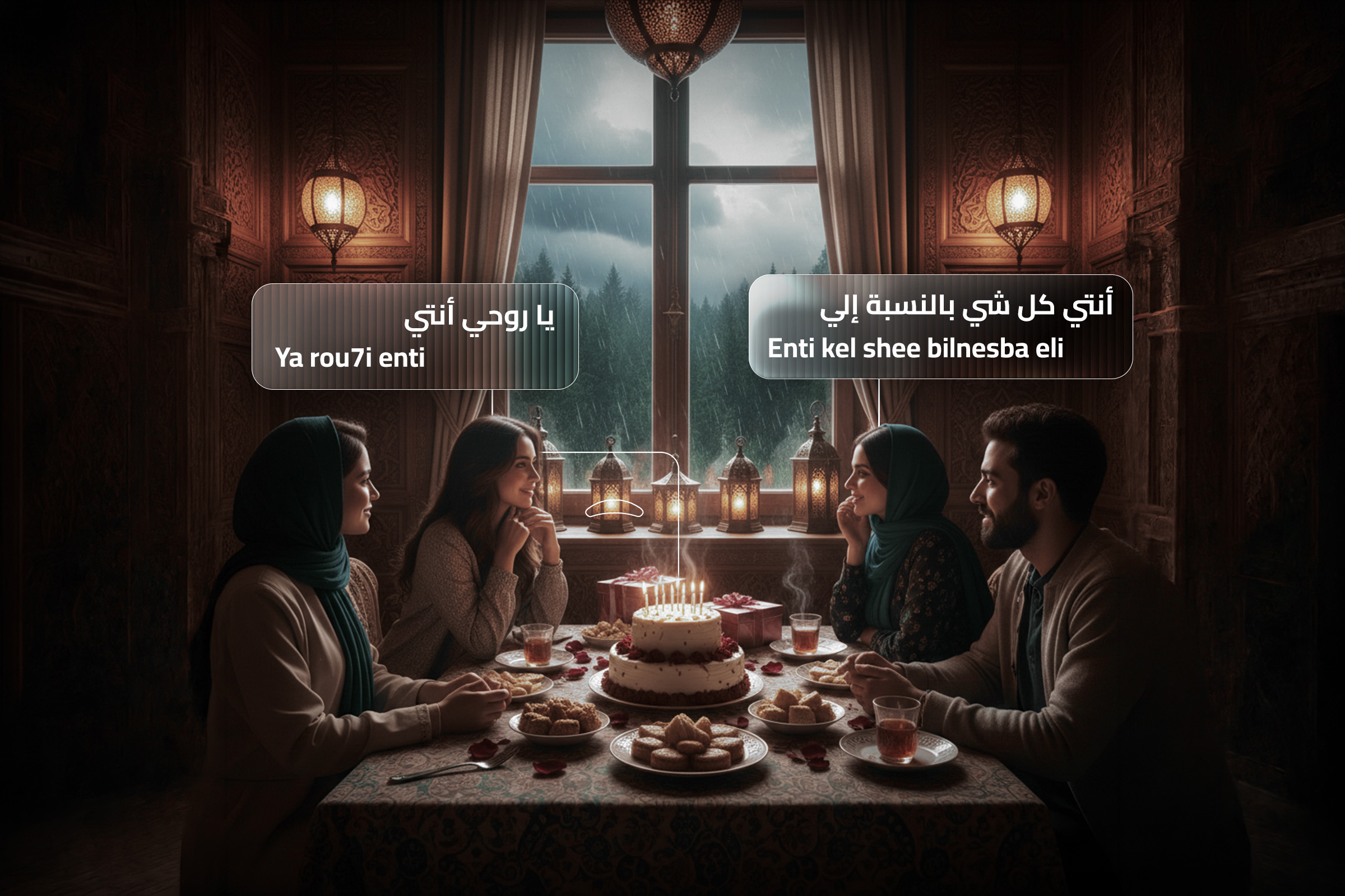 Friends gathered around a birthday cake, sharing warm smiles and heartfelt love through everyday Levantine Arabic expressions. Friends gathered around a birthday cake, sharing warm smiles and heartfelt love through everyday Levantine Arabic expressions.
