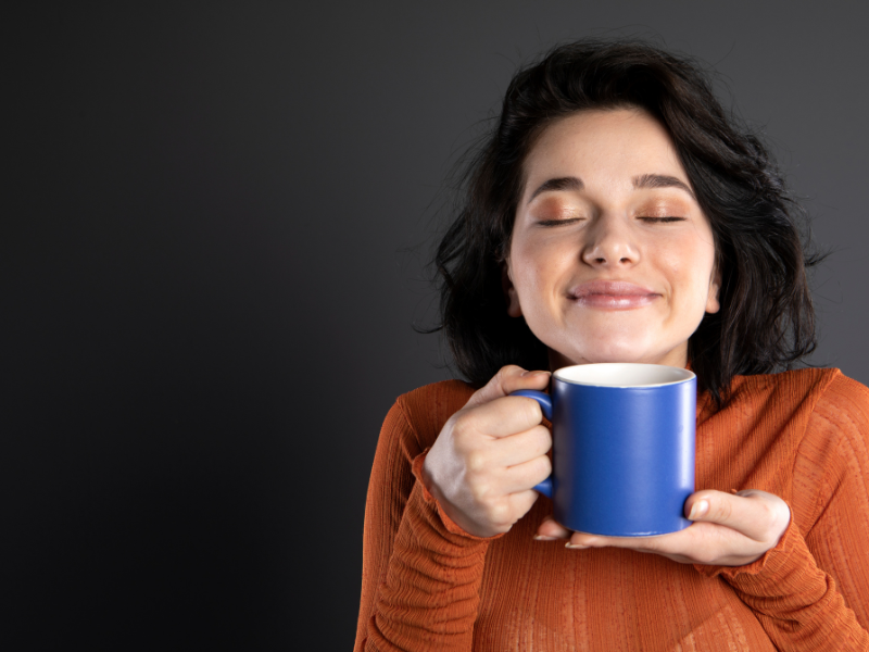 happy woman drinking coffee happy woman drinking coffee