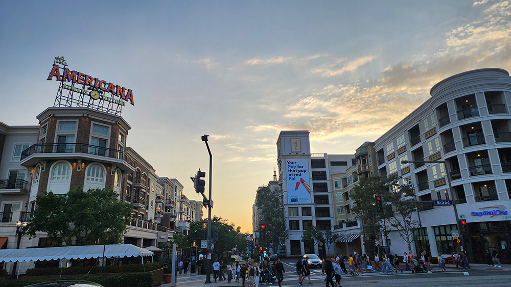 Americana at Brand shopping center in Glendale at sunset, just a short 10 minute drive from FH Beauty Ink microblading studio in Burbank