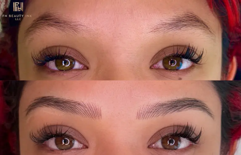 After microblading eyebrows compared to before shot and showing the importance of aftercare After microblading eyebrows compared to before shot and showing the importance of aftercare