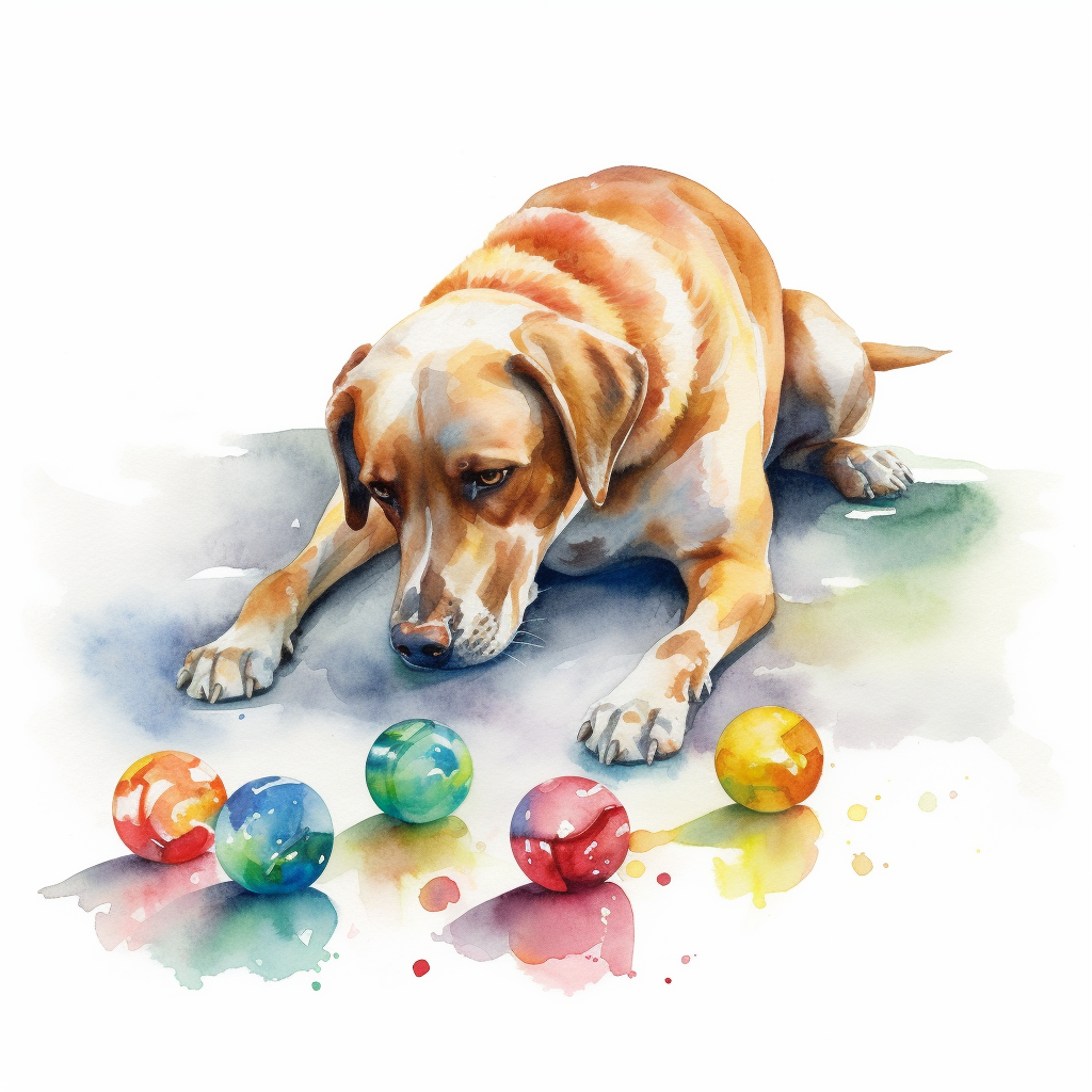 art image of a lab choosing between several different colored balls