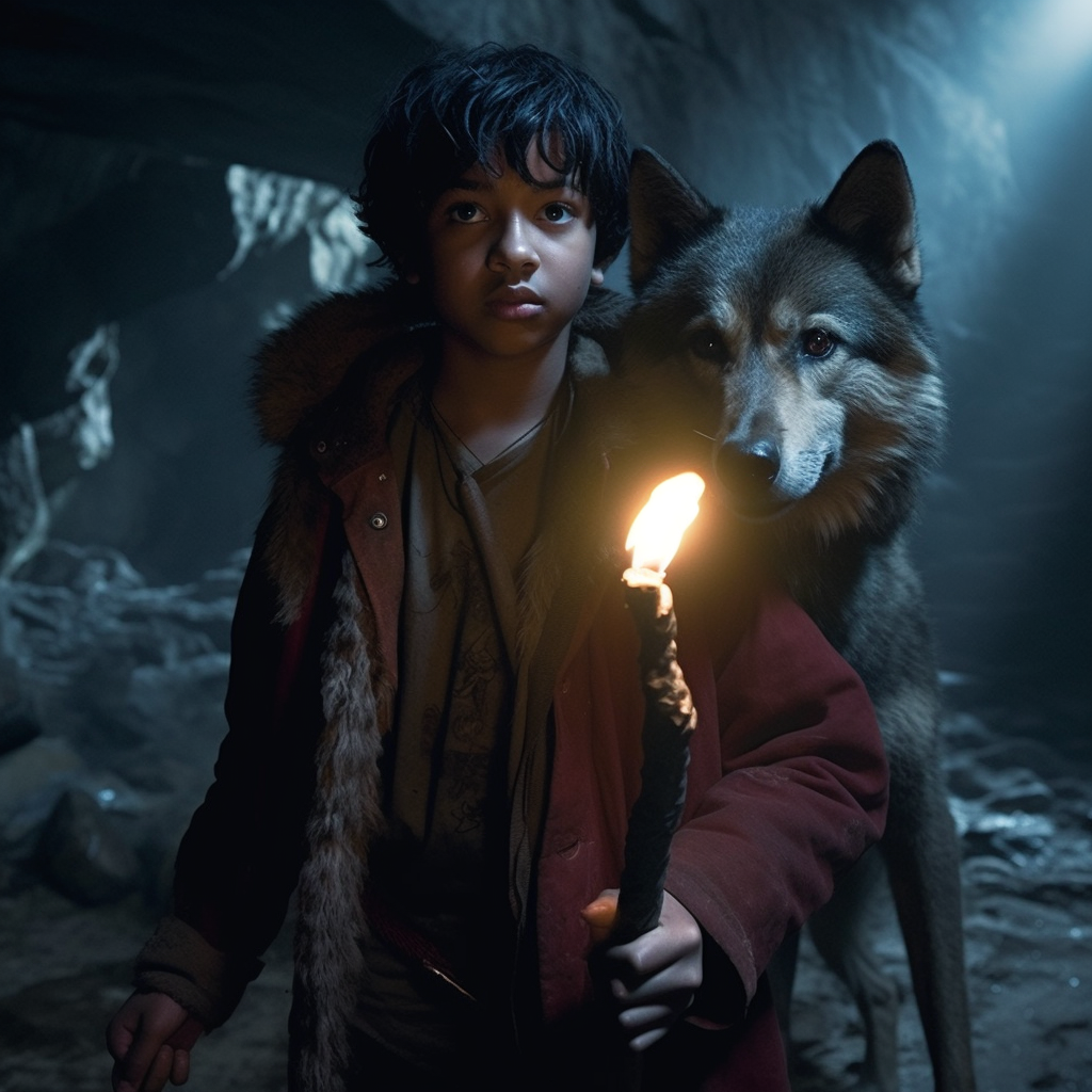 image of a boy and a wolf dog exploring a cave