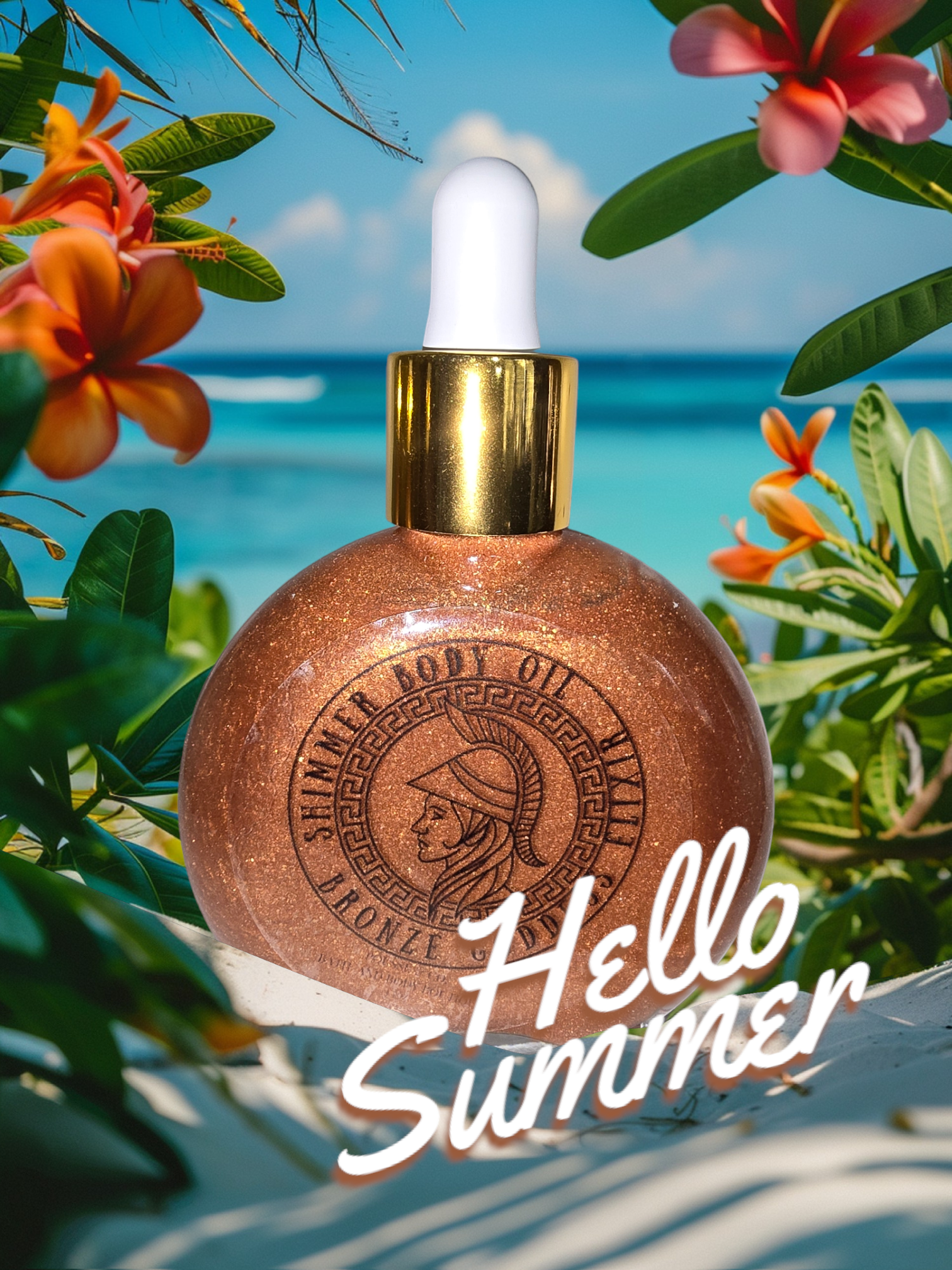 Bronze Goddess Shimmer Body Oil featured in a sunlit image with glowing skin visuals and body care details. Bronze Goddess Shimmer Body Oil featured in a sunlit image with glowing skin visuals and body care details.