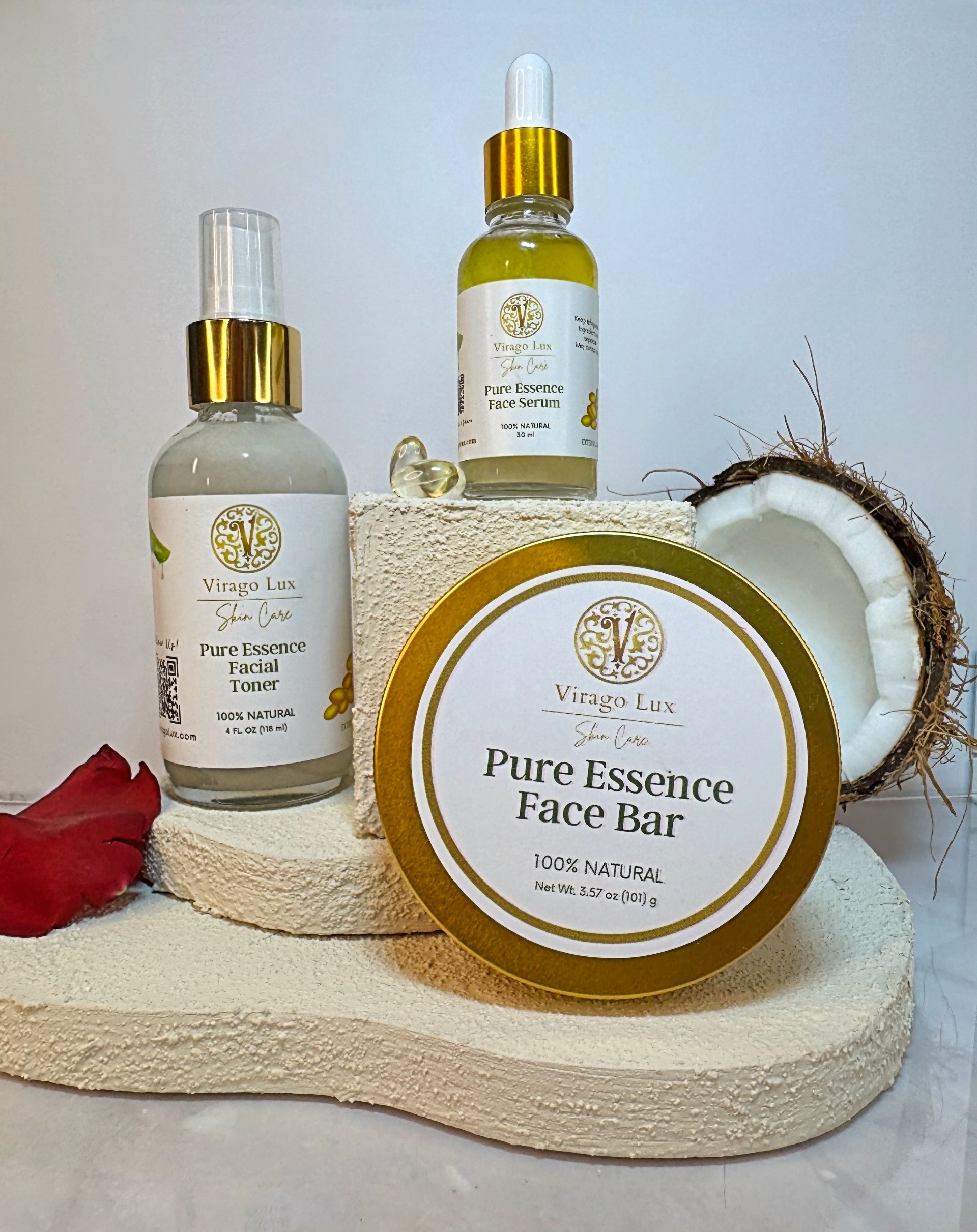 Presentation of the Pure Essence Skin Care Collection by Virago Lux with product visuals and an all-natural, glowing skincare message. Presentation of the Pure Essence Skin Care Collection by Virago Lux with product visuals and an all-natural, glowing skincare message.