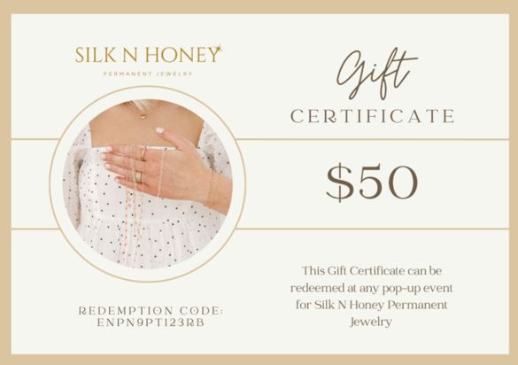 Showcase of Silk N Honey’s permanent jewelry with close-up shots of delicate, gold-filled bracelets and a pop-up experience explanation. Showcase of Silk N Honey’s permanent jewelry with close-up shots of delicate, gold-filled bracelets and a pop-up experience explanation.