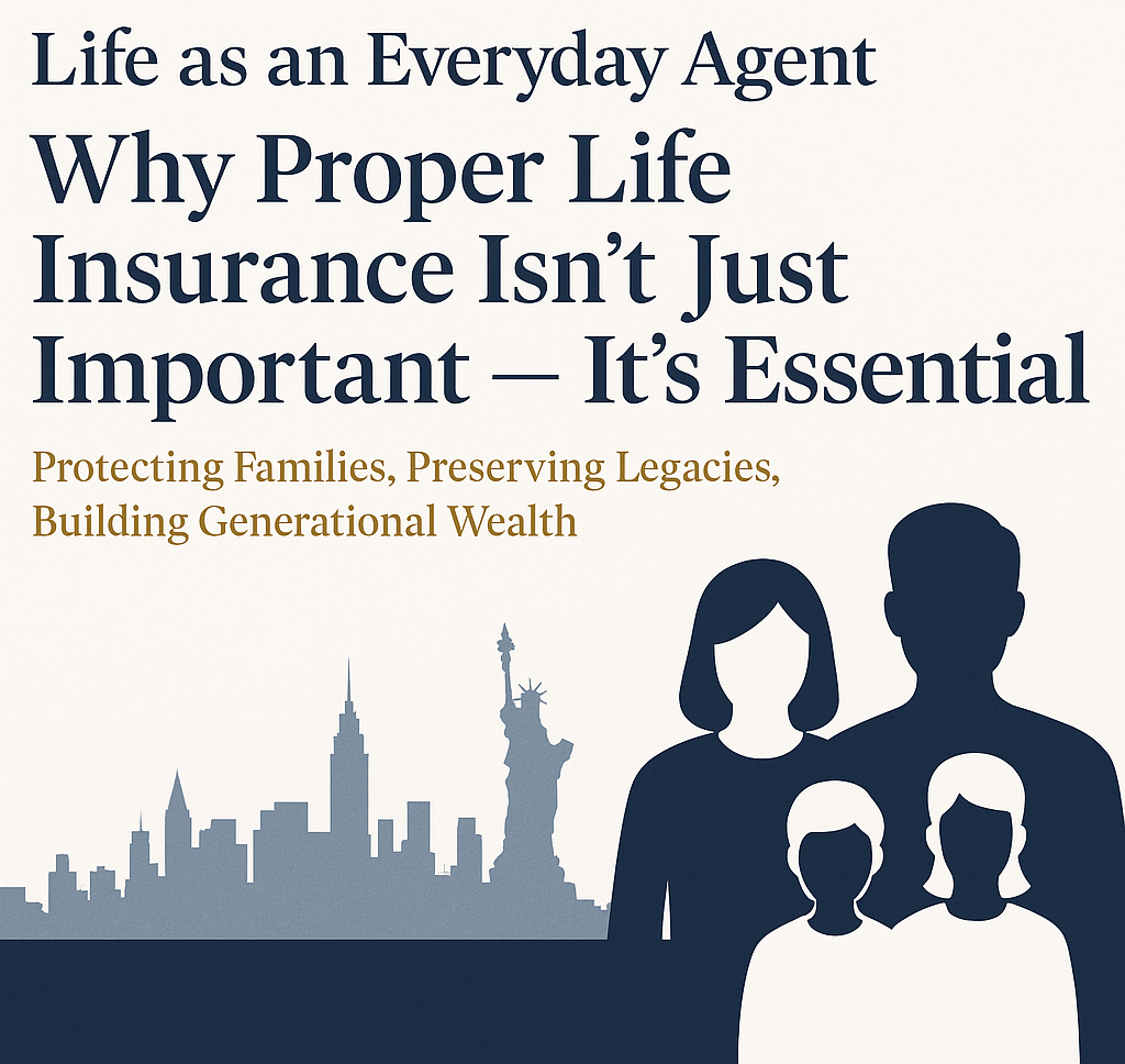 Cover image showing a silhouette of a family of four in front of the New York City skyline, promoting the blog "Life as an Everyday Agent: Why Proper Life Insurance Isn’t Just Important — It’s Essential," emphasizing family protection, legacy building, and financial security through life insurance. Cover image showing a silhouette of a family of four in front of the New York City skyline, promoting the blog "Life as an Everyday Agent: Why Proper Life Insurance Isn’t Just Important — It’s Essential," emphasizing family protection, legacy building, and financial security through life insurance.