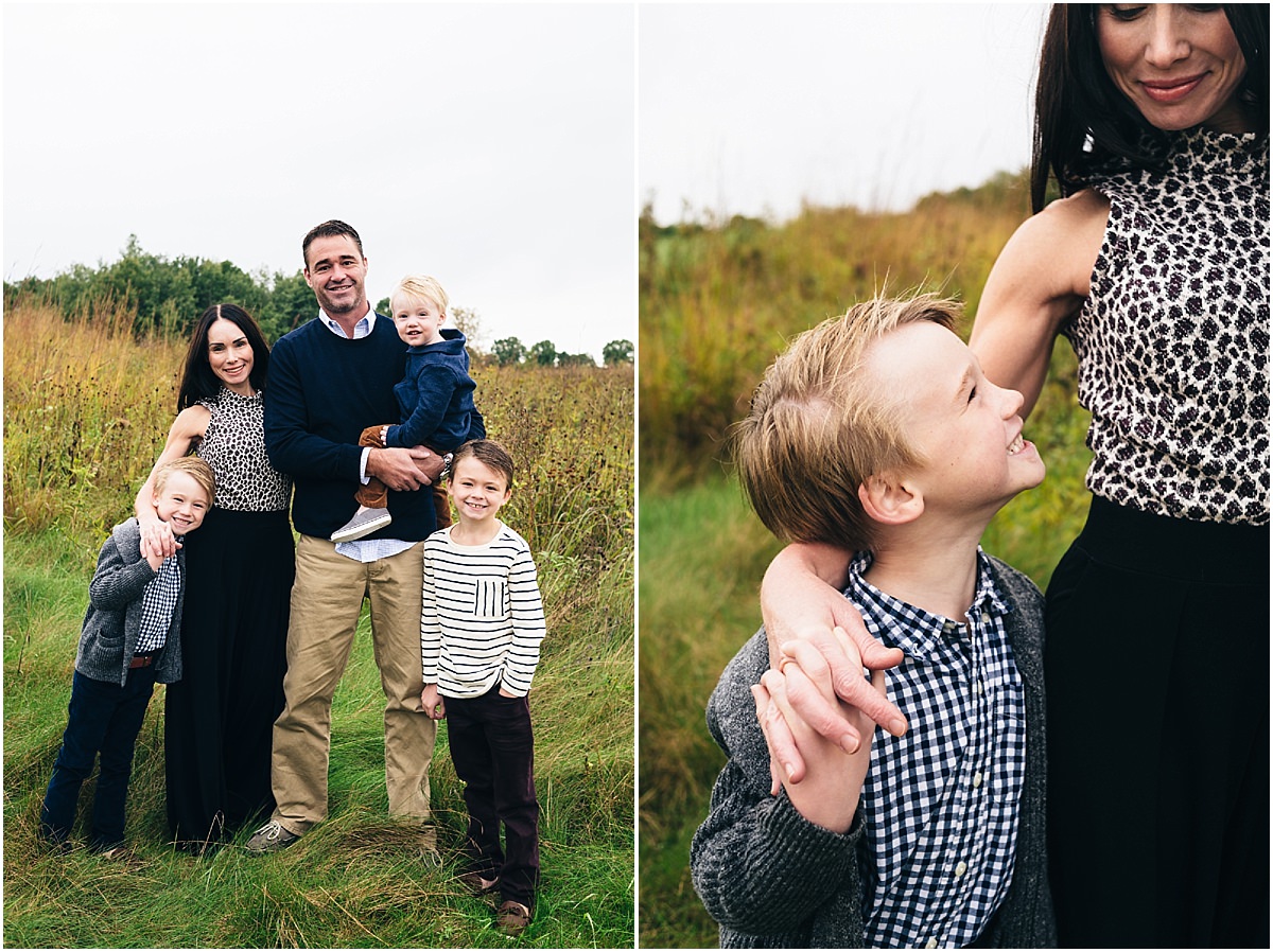 Family of five poses for photos during sunset portraits.