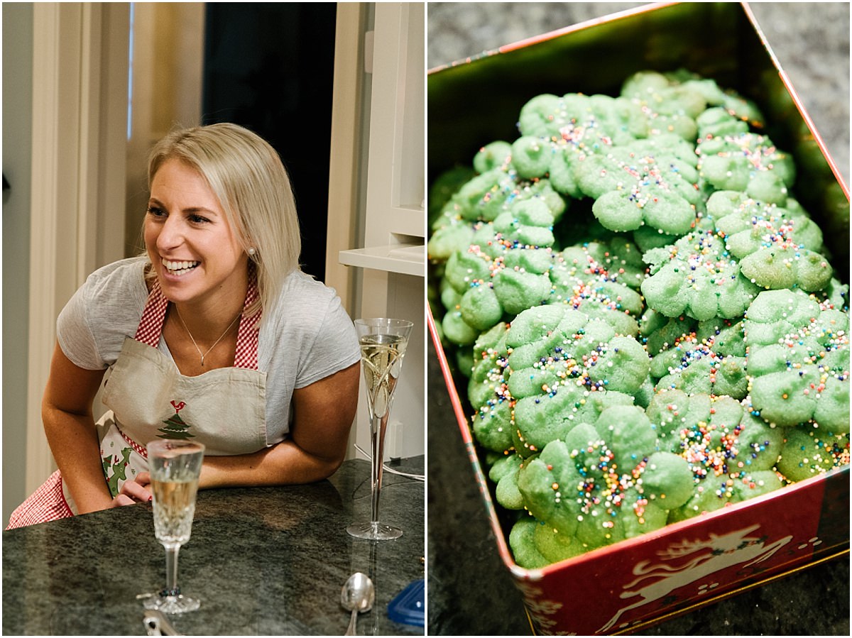 Woman laughs and cookies that look like trees.