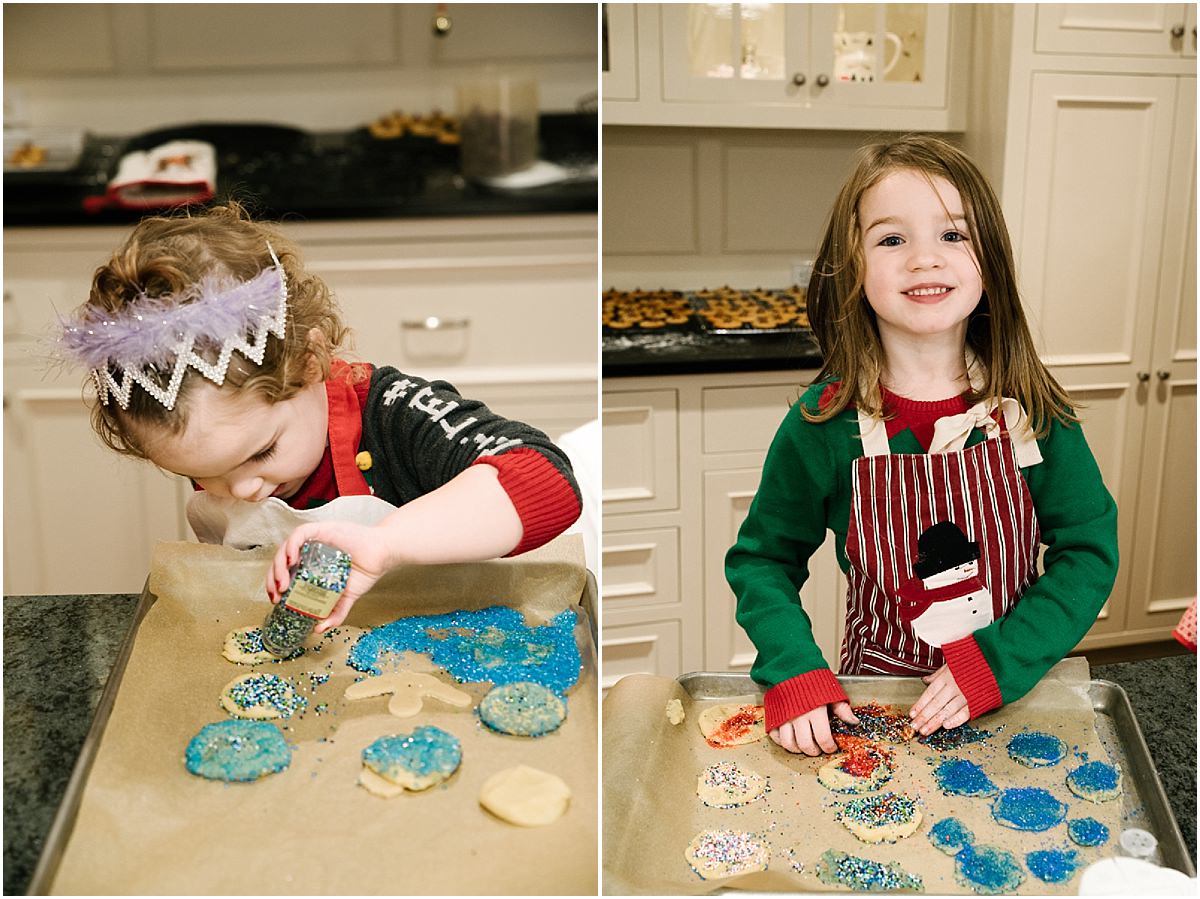 Children decorate cookies at extended family holiday baking.