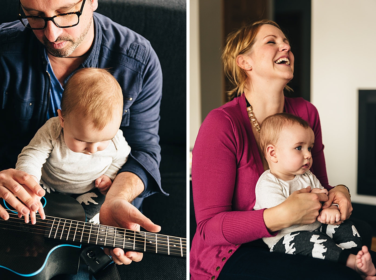 Father and son play guitar. Mother and daughter laugh.