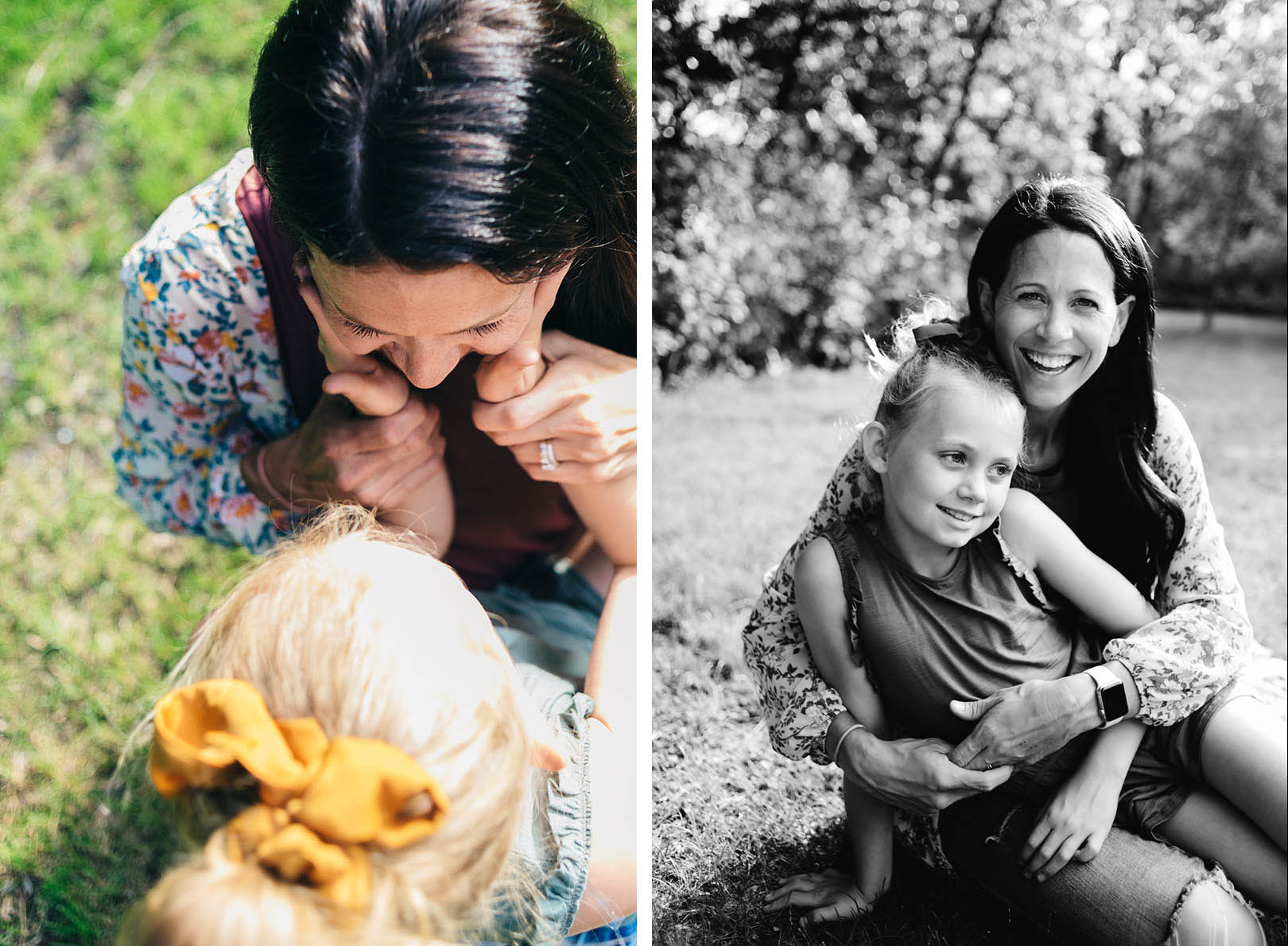 Two images of a mother and each daughter. Sitting in the grass in a yard.