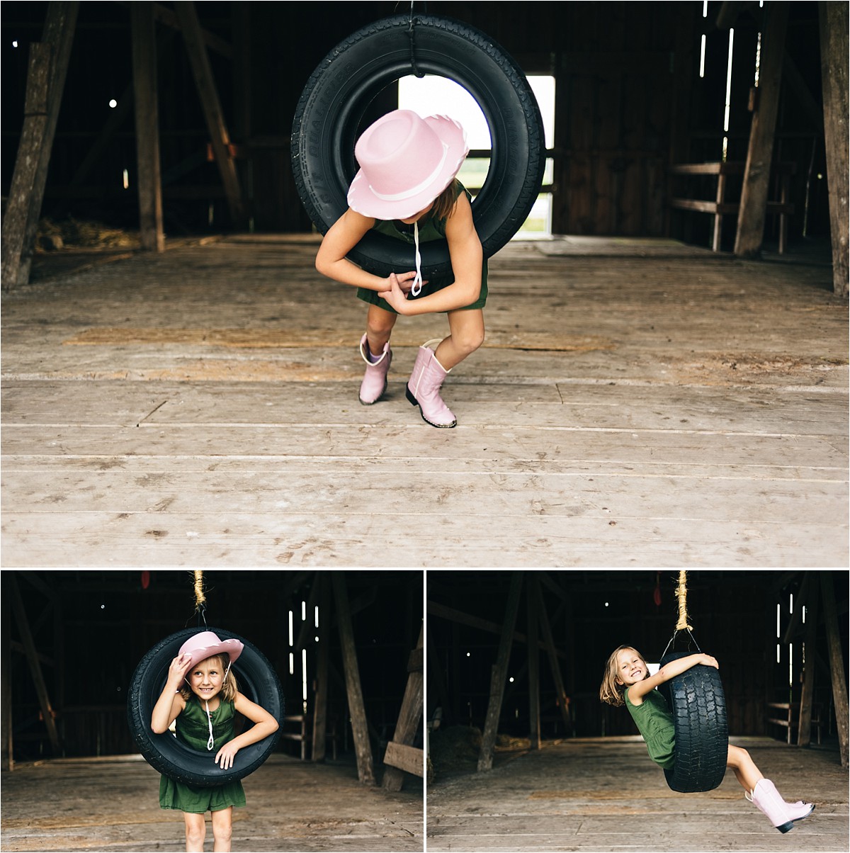 Little girl with pink cowboy hat swings on tire swing.