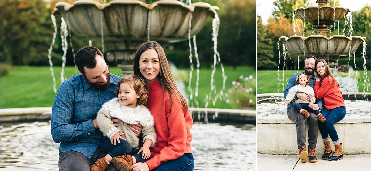 Family poses near a fountain in a park in Edina, MN