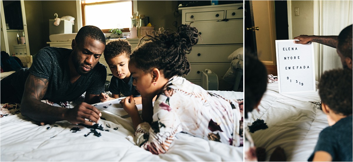 Father helps son and daughter put letters on letter board.