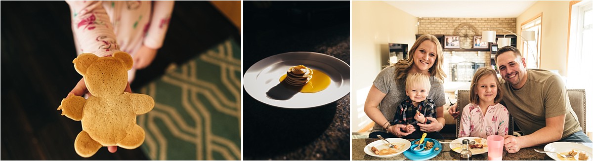 Family sits at counter and eats pancakes during in-home lifestyle video and photography session.