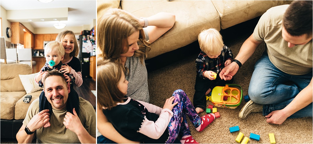 Dad plays with son and daughter in livingroom.