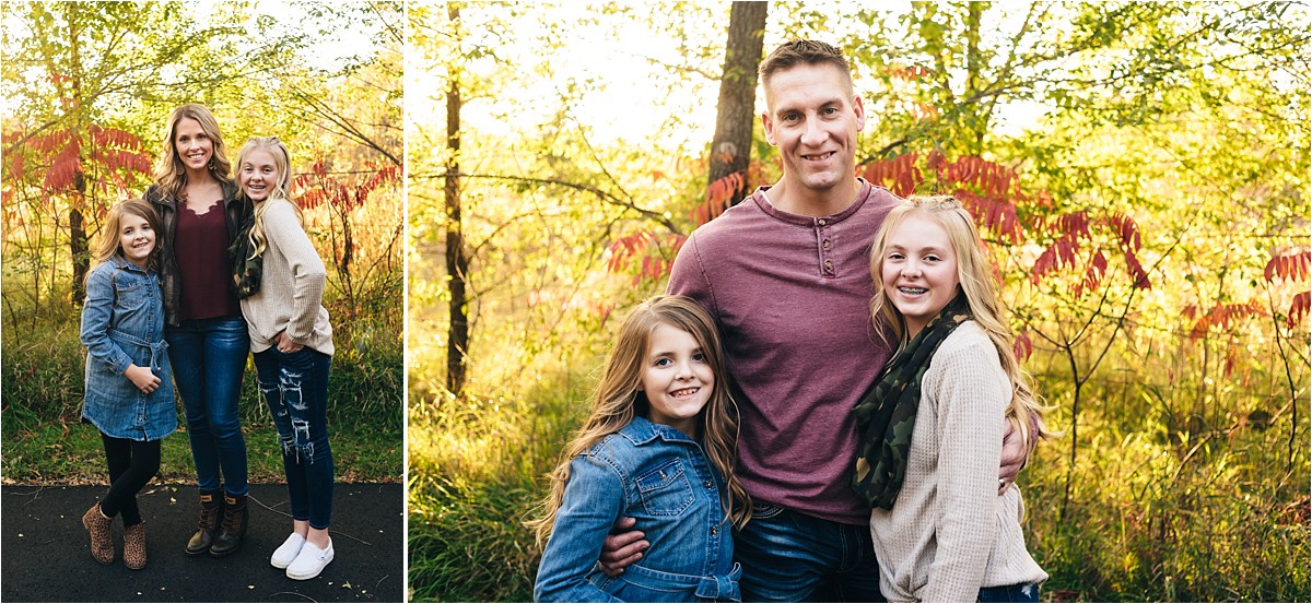 Two adolescent girls with each parent during family photos at sunset.