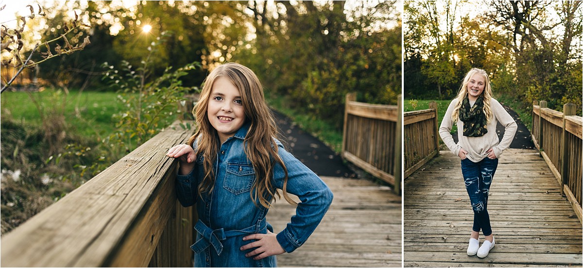 Portraits of two adolescent girls during family photos at sunset.